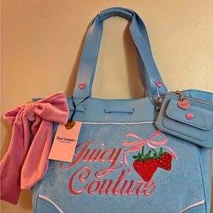 Juicy Couture Light Blue Tote with Pink Bow and Strawberry Embroidery